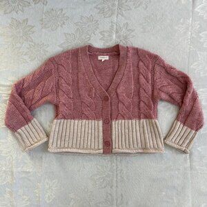 Promesa Pink and Cream Colorblock Cable Knit Sweater Cardigan